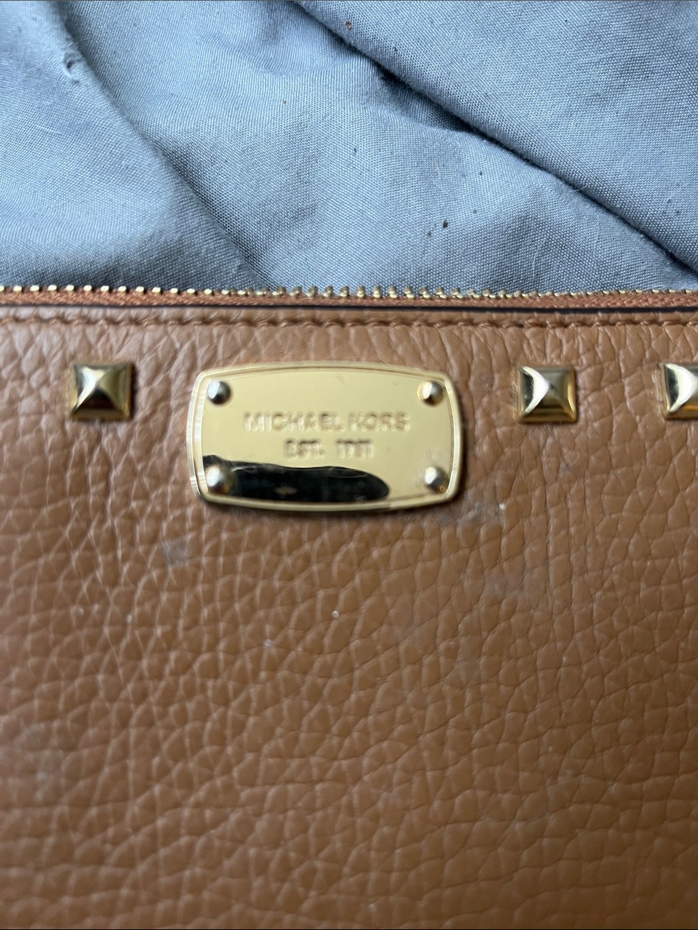 Michael Kors Tan Leather Studded Zip Wallet with Gold Hardware - Picture 2 of 10